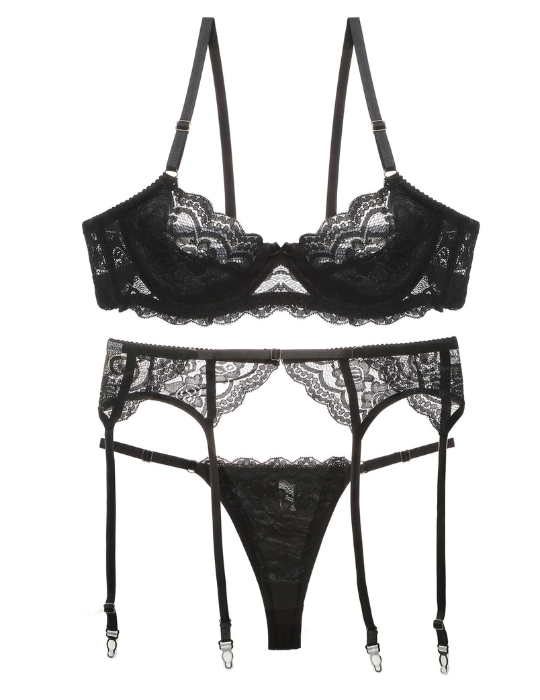 Elegant 3-Piece Lingerie Set – Bra, Panty & Belt in Black-2203